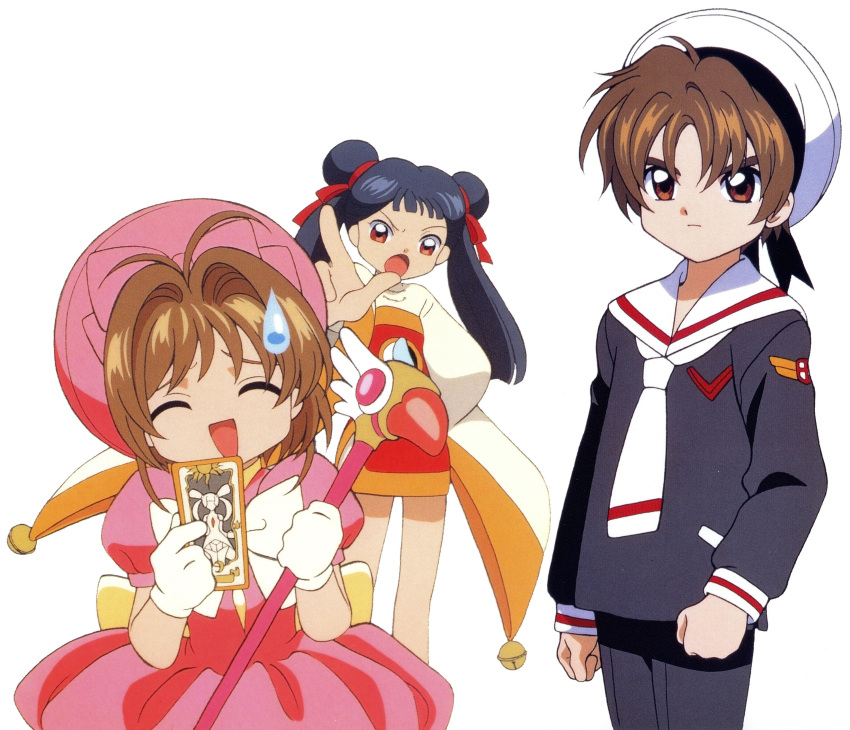 1boy 2girls absurdres bow card cardcaptor_sakura child closed_eyes clow_card gloves highres holding holding_wand kinomoto_sakura li_meiling li_syaoran magical_girl multiple_girls official_art open_mouth red_eyes sailor_collar simple_background wand white_background white_gloves white_sailor_collar