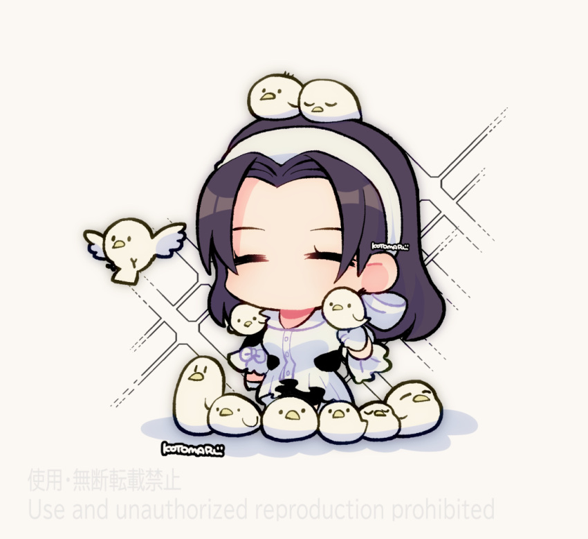 1girl animal_on_head animal_on_shoulder bird bird_on_hand bird_on_head bird_on_shoulder black_hair chibi closed_eyes dress hairband kazama_jun kotorai no_mouth no_nose on_head signature solo sparkle tekken white_background white_bird white_dress white_hairband