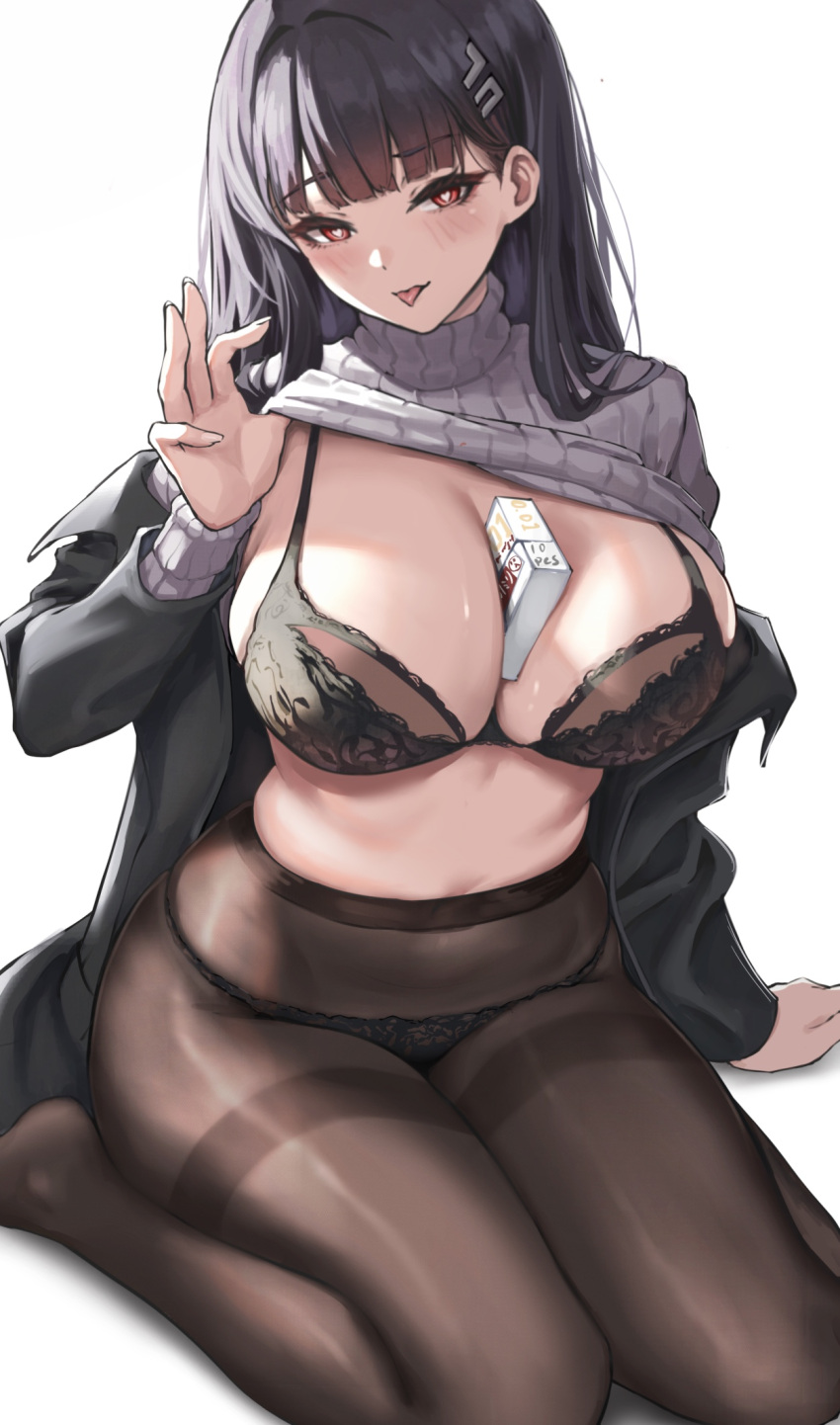 1girl between_breasts black_bra black_hair black_jacket black_panties black_pantyhose blue_archive blush bra breasts clothes_lift condom_box duchessofarmeria fingernails highres jacket large_breasts lifted_by_self looking_at_viewer no_pants panties panties_under_pantyhose pantyhose red_eyes ribbed_sweater rio_(blue_archive) simple_background sitting solo sweater sweater_lift tongue tongue_out underwear wariza white_background white_sweater