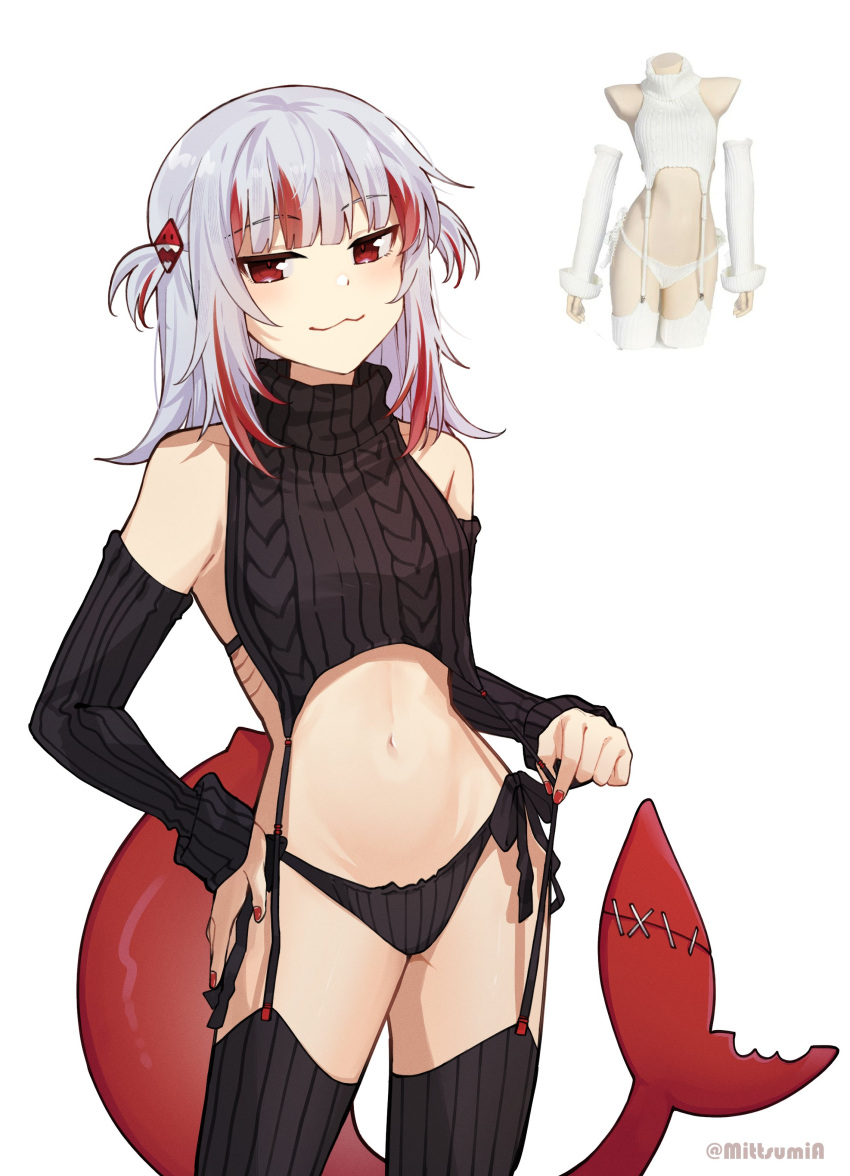 1girl :3 absurdres bare_shoulders black_panties black_sweater black_thighhighs breasts closed_mouth cowboy_shot detached_sleeves fins fish_tail gawr_gura grey_hair hair_ornament highres hololive hololive_english long_hair looking_at_viewer meme_attire mittsu navel panties red_eyes red_hair ribbed_panties ribbed_sleeves ribbed_sweater ribbed_thighhighs shark_hair_ornament shark_tail simple_background sleeveless sleeveless_sweater small_breasts solo stomach sweater tail thighhighs turtleneck turtleneck_sweater underwear virgin_destroyer_sweater white_background