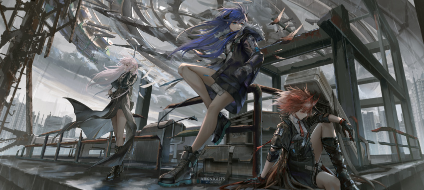 3girls absurdres animal_ears arknights artist_name bird_ears black_footwear black_gloves black_jacket black_skirt black_wings blue_eyes blue_hair boots building collared_shirt dark_halo dated detached_sleeves detached_wings energy_wings fiammetta_(arknights) gloves halo hands_in_pockets highres jacket knee_up layered_sleeves lemuen_(arknights) long_hair long_sleeves mostima_(arknights) multiple_girls necktie outdoors pink_hair rain red_hair red_necktie scenery shirt short_hair sitting skirt white_shirt wind wings z_05