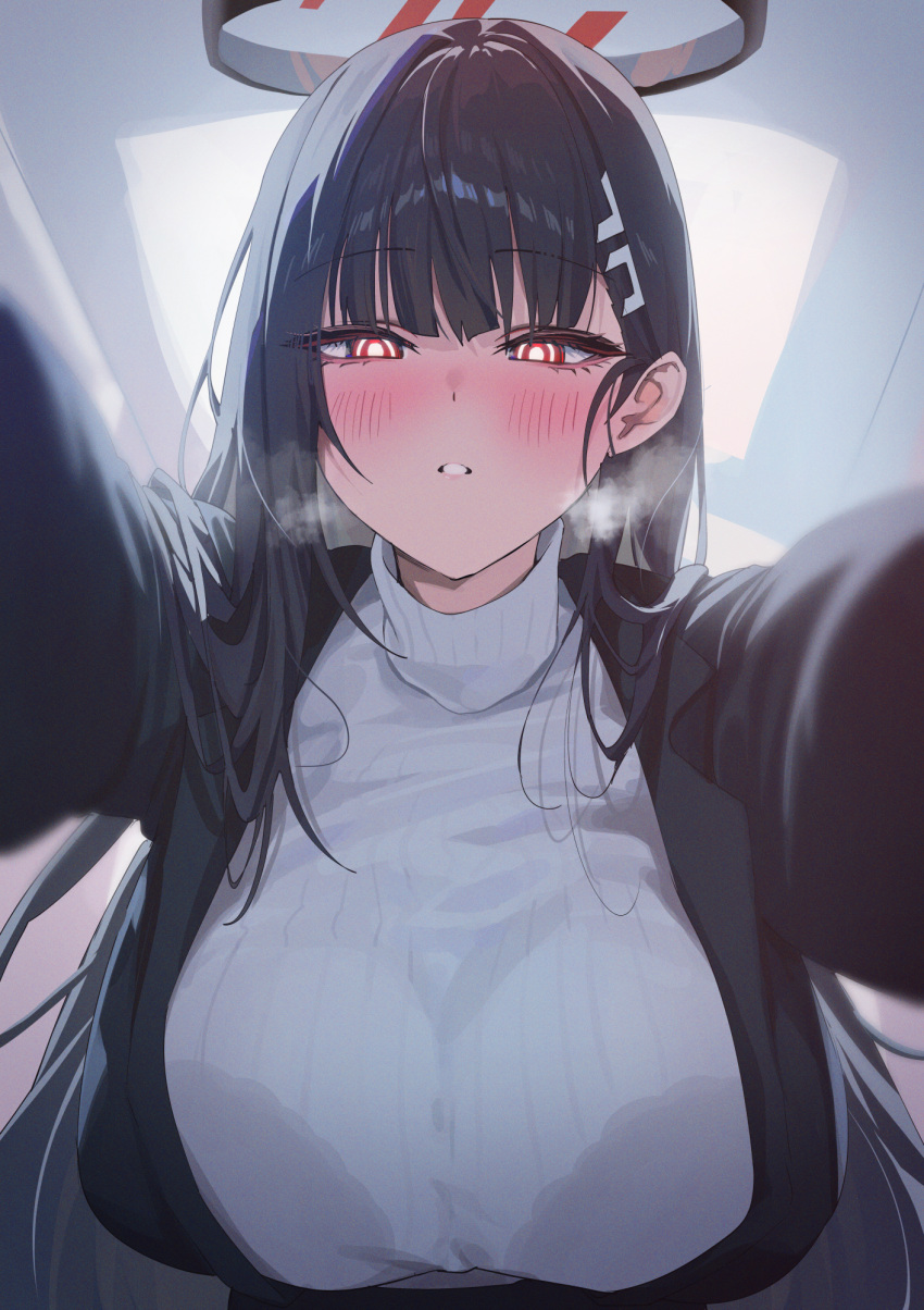 1girl black_hair black_jacket blue_archive blush bra_visible_through_clothes breasts breath bright_pupils commentary hair_ornament hairclip half-closed_eyes halo highres jacket large_breasts long_hair long_sleeves looking_at_viewer open_clothes open_jacket outstretched_arms parted_lips red_eyes ribbed_sweater rio_(blue_archive) solo sweater teeth turtleneck turtleneck_sweater upper_body very_long_hair white_pupils white_sweater yampa