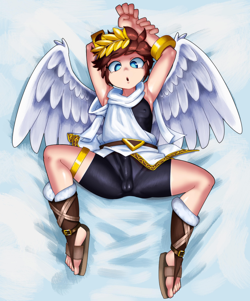 absurd_res angel blue_eyes brown_hair bulge clothed clothing erection erection_under_clothing feathered_wings feathers feet fingers footwear genital_outline hair hi_res humanoid kid_icarus light_body light_skin male minus8 nintendo nipple_outline not_furry open_mouth penis_outline pit_(kid_icarus) solo spreading teenager toes winged_humanoid wings young