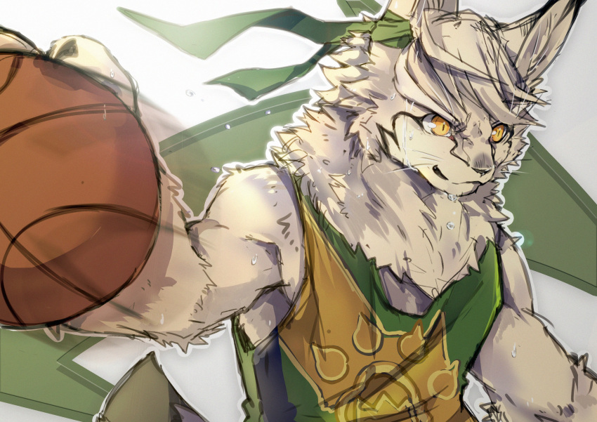 1boy absurdres ao_gravity ball basketball_(object) basketball_jersey character_request commentary_request dribbling_(basketball) fight_league furry furry_male green_shirt highres looking_to_the_side lynx_boy lynx_ears lynx_tail male_focus shirt sweat upper_body very_sweaty yellow_eyes