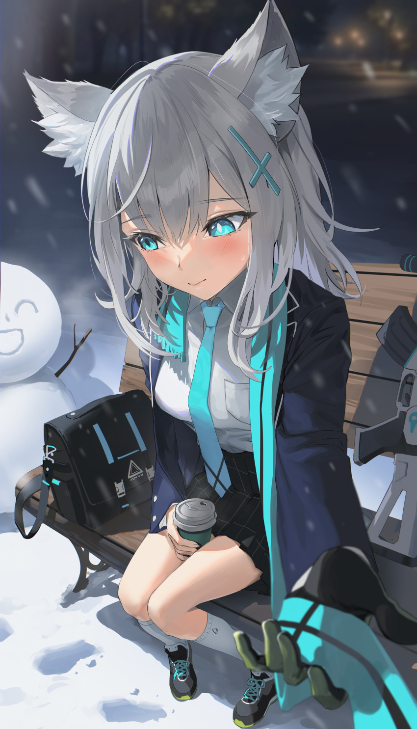 1girl absurdres animal_ear_fluff animal_ears bench black_skirt blue_archive blue_eyes blue_jacket blue_scarf blush breasts cross_hair_ornament extra_ears gloves green_gloves grey_hair gun hair_ornament halo highres jacket kneehighs long_sleeves looking_to_the_side medium_breasts medium_hair mhk_(mechamania) open_clothes open_jacket plaid plaid_skirt pleated_skirt scarf shiroko_(blue_archive) shirt shoes sidelocks skirt sneakers snow snowman socks solo weapon white_shirt wolf_ears