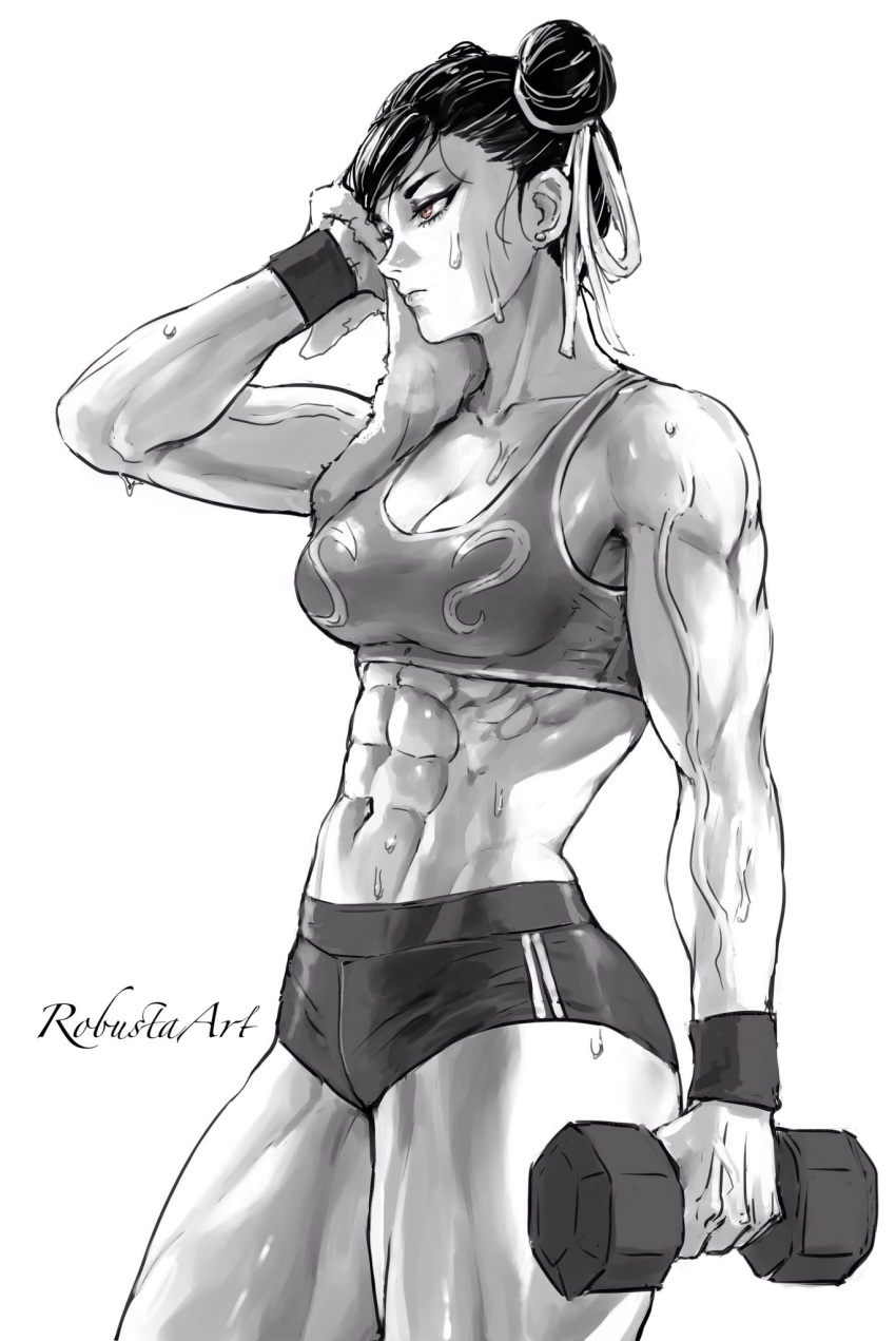 1girl abs black_hair breasts chun-li cleavage drying dumbbell greyscale highres monochrome muscular muscular_female robusta_mania short_shorts shorts signature solo street_fighter sweat sweatband tank_top towel veins veiny_arms wiping_face