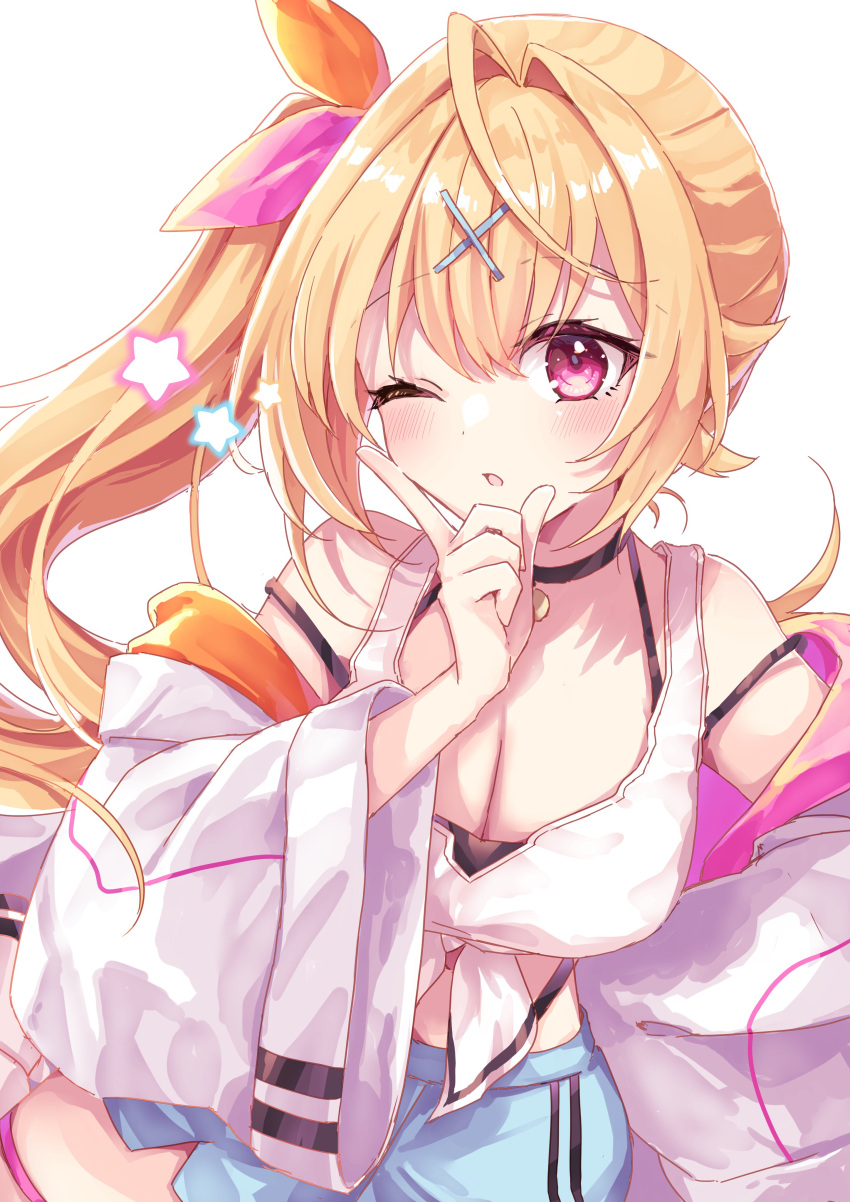 1girl absurdres ahoge blonde_hair breasts cleavage front-tie_top hair_ornament highres hoshikawa_sara hoshikawa_sara_(1st_costume) jacket long_hair nijisanji one_eye_closed open_clothes open_jacket pink_eyes shiohari_kanna solo star_(symbol) very_long_hair virtual_youtuber white_jacket x_hair_ornament