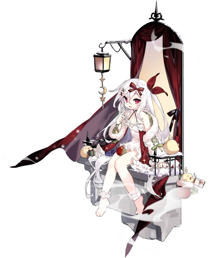1girl absurdly_long_hair ankle_cuffs apple azur_lane bare_shoulders barefoot bird black_choker blush bow breasts choker christmas coat collarbone crescent criss-cross_halter cross_hair_ornament curtains dress fang food frilled_dress frills fruit full_body fur-trimmed_coat fur-trimmed_sleeves fur_trim gift hair_between_eyes hair_bow hair_ornament hair_ribbon hairclip halterneck hand_up highres lantern long_hair long_sleeves looking_at_viewer manjuu_(azur_lane) multicolored_clothes multicolored_dress non-web_source off_shoulder official_alternate_costume official_art one_side_up open_mouth pointing pointing_at_self red_bow red_dress red_eyes red_ribbon ribbon saru sitting sleeveless small_breasts smile smoke solo star_(symbol) striped tongue tongue_out two-sided_coat two-sided_fabric vampire_(azur_lane) very_long_hair white_coat white_dress white_hair x_hair_ornament