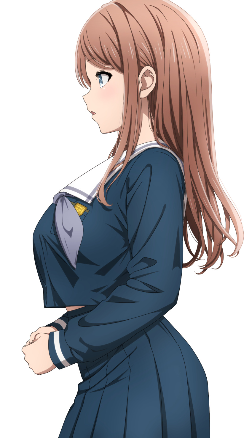 1girl absurdres bang_dream! bang_dream!_it's_mygo!!!!! blue_eyes blue_shirt blue_skirt breast_pocket breasts brown_hair commentary_request cowboy_shot from_side grey_neckerchief highres large_breasts light_blush long_hair long_sleeves looking_ahead midriff_peek nagasaki_soyo neckerchief noshimurin own_hands_together parted_lips pleated_skirt pocket profile sailor_collar school_uniform serafuku shirt sidelocks simple_background skirt solo standing tsukinomori_school_uniform white_background white_sailor_collar