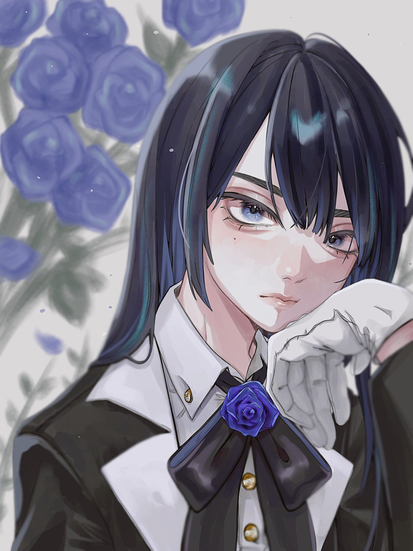 1girl ado_(utaite) aegyo_sal black_bow black_bowtie black_hair black_jacket blue_eyes blue_flower blue_rose bow bowtie buttons chando_(ado) closed_mouth cloud_nine_inc collared_shirt commentary flower flower_brooch gloves hair_between_eyes head_rest highres jacket light long_hair long_sleeves looking_at_viewer mole mole_under_eye rose shirt sidelocks solo upper_body utaite white_gloves white_shirt yurosuke