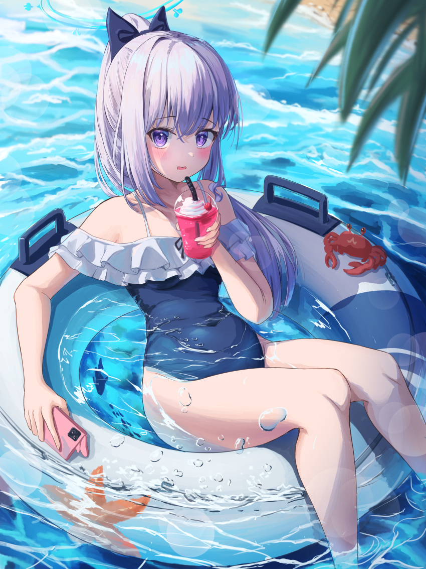 1girl absurdres blue_archive blue_bow blue_one-piece_swimsuit bow feet_out_of_frame frilled_one-piece_swimsuit frills hair_between_eyes hair_bow halo highres innertube legs miyako_(blue_archive) miyako_(swimsuit)_(blue_archive) mochiwarabi official_alternate_costume one-piece_swimsuit outdoors partially_submerged ponytail purple_eyes solo swimsuit white_hair