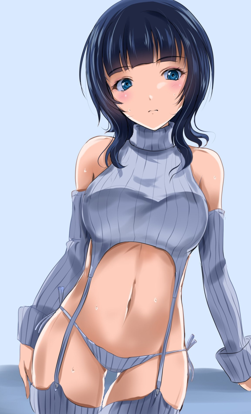 1girl alternate_costume aran_legwear asaka_karin bare_shoulders blue_background blue_eyes blue_hair blunt_bangs breasts c-wing closed_mouth commentary_request dark_blue_hair detached_sleeves garter_straps highres large_breasts looking_at_viewer love_live! love_live!_nijigasaki_high_school_idol_club medium_hair meme_attire navel panties ribbed_legwear ribbed_panties ribbed_sleeves ribbed_sweater ribbed_thighhighs side-tie_panties simple_background sleeveless sleeveless_sweater sleeveless_turtleneck solo stomach sweater thigh_gap thighhighs turtleneck turtleneck_sweater underwear virgin_destroyer_sweater white_garter_straps white_panties white_sweater