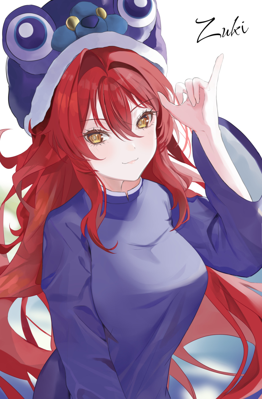 1girl absurdres animal_hat artist_name breasts fur-trimmed_headwear fur_trim hand_up hat highres large_breasts long_hair long_sleeves looking_at_viewer original pinky_out red_hair smile solo very_long_hair yellow_eyes zuki_(user_mzpz5848)