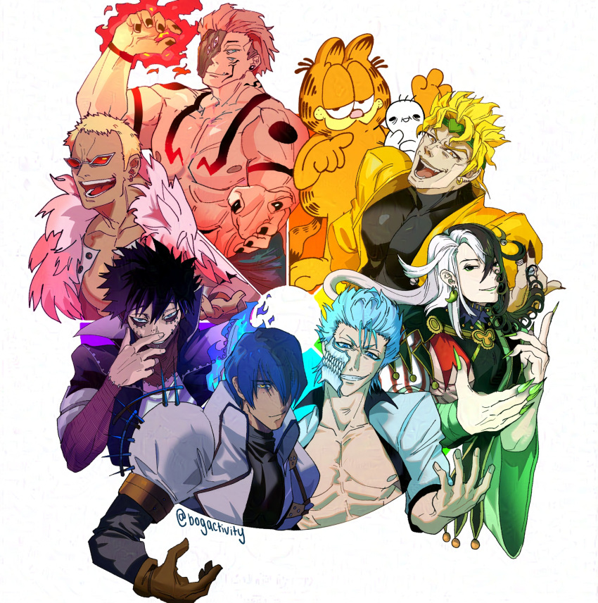 6+boys absurdres arm_tattoo artist_self-insert ashiya_douman_(fate) asymmetrical_hair aura bags_under_eyes bell black_eyes black_hair black_nails bleach blue_eyes bogactivity boku_no_hero_academia burn_scar character_request coat color_connection color_coordination color_wheel_challenge copyright_request crossover curly_hair dabi_(boku_no_hero_academia) dio_brando donquixote_doflamingo earrings extra_eyes facial_tattoo fate/grand_order fate_(series) feather_coat fingernails garfield garfield_(character) hair_bell hair_between_eyes hair_ornament highres jewelry jojo_no_kimyou_na_bouken jujutsu_kaisen long_hair magatama magatama_earrings male_focus multicolored_hair multiple_boys multiple_crossover multiple_drawing_challenge one_piece piercing pink_coat ryoumen_sukuna_(jujutsu_kaisen) scar scar_on_face sharp_fingernails short_hair spiked_hair split-color_hair tattoo toon_(style) two-tone_hair very_long_fingernails very_long_hair white_hair