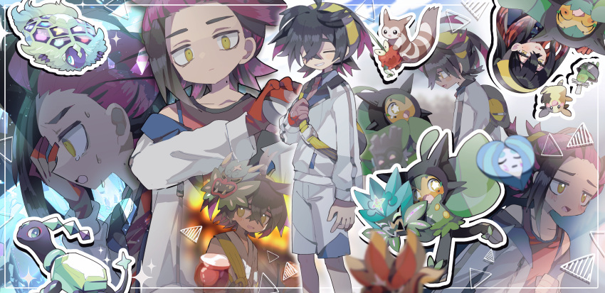 1boy 1girl absurdres ahoge black_hair candy_apple carmine_(pokemon) closed_eyes closed_mouth commentary_request crossed_bangs food furret grin hair_between_eyes hairband highres holding holding_poke_ball holding_strap jacket kieran_(pokemon) long_sleeves mask mask_on_head mole mole_on_neck morpeko morpeko_(full) multicolored_hair multiple_views off_shoulder ogerpon poke_ball poke_ball_(basic) pokemon pokemon_(creature) pokemon_sv poltchageist purple_hair shirt shorts sleeveless sleeveless_shirt smile teeth terapagos two-tone_hair usagi_nui yellow_eyes yellow_hairband