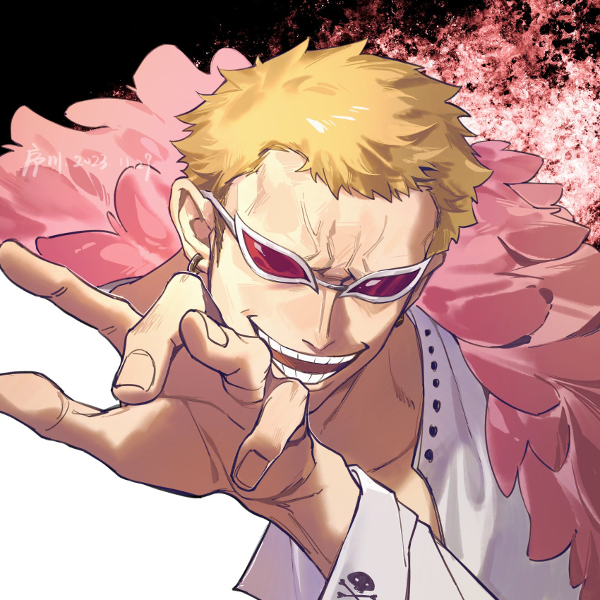 1boy blonde_hair coat coat_on_shoulders dated donquixote_doflamingo earrings fur_coat hand_gesture hand_up highres jewelry jyukawa long_sleeves male_focus one_piece open_mouth partially_colored pink_fur red-tinted_eyewear shirt short_hair signature skull_print smile solo sunglasses tinted_eyewear white_shirt