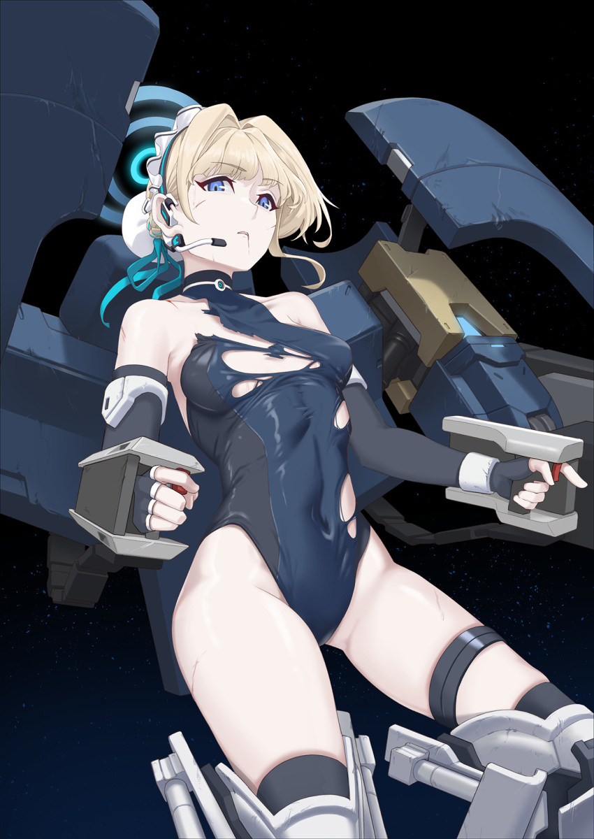 1girl bare_shoulders black_gloves black_thighhighs blonde_hair blood blood_on_face blue_archive blue_eyes blue_hair blue_halo blue_leotard blue_ribbon braid breasts bun_cover commentary_request covered_navel earpiece elbow_gloves exoskeleton fingerless_gloves gloves hair_bun hair_ribbon halo highleg highleg_leotard highres leotard maid_headdress medium_breasts multicolored_hair paid_reward_available parted_lips ribbon scratches short_hair single_hair_bun sinnra_art solo streaked_hair thighhighs toki_(blue_archive) torn_clothes torn_leotard