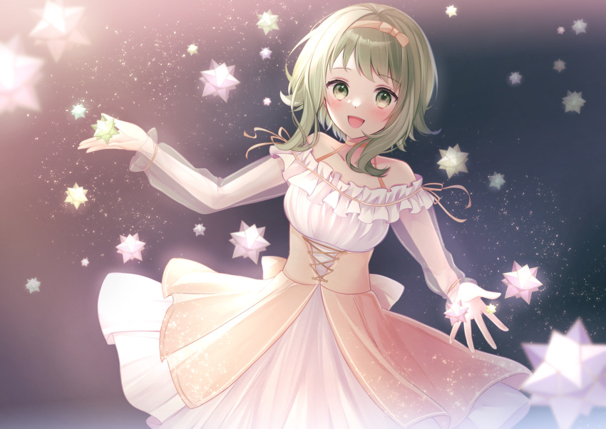 1girl absurdres blush bow_hairband canary999 dress green_eyes green_hair gumi hairband highres layered_dress long_sleeves looking_at_viewer open_mouth ribbon see-through see-through_sleeves short_hair_with_long_locks sky small_stellated_dodecahedron smile solo star_(sky) starry_sky underbust vocaloid