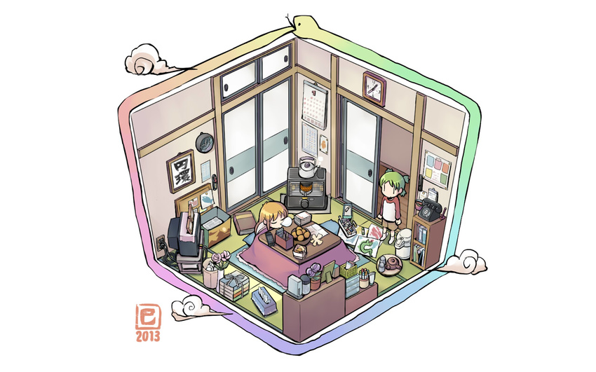 2girls 4040_(abonriya) calendar_(object) clock cloud crossover dated drawing floorplan food fruit green_hair heater isometric kettle koiwai_yotsuba kotatsu mandarin_orange multiple_girls nichijou nose_bubble orange_hair ouroboros phone professor_shinonome quad_tails raglan_sleeves rainbow_gradient room rotary_phone simple_background sleeping sliding_doors snake table teapot television tissue_box vase white_background yotsubato! |_|