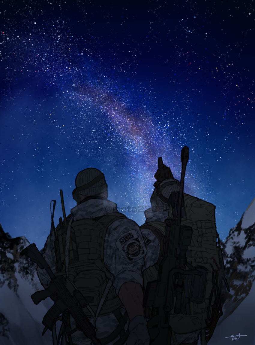 2boys absurdres artist_name back bulletproof_vest camouflage camouflage_jacket camouflage_pants chris_redfield gun gun_on_back hat headphones highres jacket male_focus moto23059 multiple_boys night night_sky outdoors pants piers_nivans pointing resident_evil resident_evil_6 short_hair sky star_(sky) stargazing starry_sky weapon weapon_on_back white_jacket white_pants