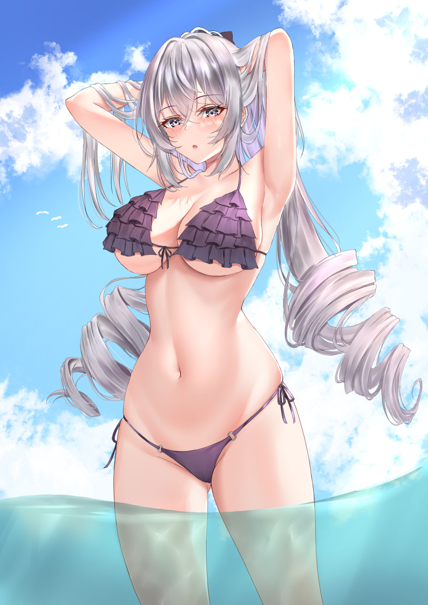 1girl absurdres adjusting_hair alternate_costume armpits arms_up bare_shoulders bikini blush breasts bronya_zaychik bronya_zaychik_(silverwing:_n-ex) cloud cloudy_sky commentary_request cowboy_shot day drill_hair frilled_bikini frills front-tie_bikini_top front-tie_top grey_eyes grey_hair hair_between_eyes highres honkai_(series) honkai_impact_3rd large_breasts long_hair looking_at_viewer match_(scp115) navel outdoors parted_lips presenting_armpit purple_bikini side-tie_bikini_bottom sky solo standing stomach swimsuit twin_drills underboob wading water