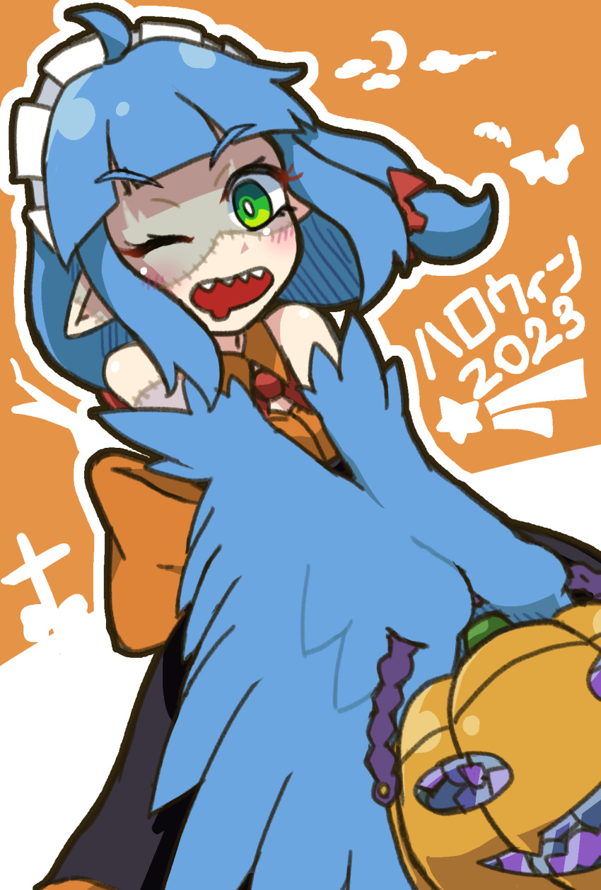 1girl ahoge bare_shoulders blue_feathers blue_hair blue_wings blunt_bangs bright_pupils crescent_moon fangs feathered_wings feathers green_eyes hair_ribbon halloween halloween_bucket harpy highres ildagabah1 long_hair maid_headdress monster_girl moon open_mouth orange_background original pointy_ears red_ribbon ribbon sidelocks solo stitches teeth two-tone_background upper_teeth_only white_background white_pupils winged_arms wings