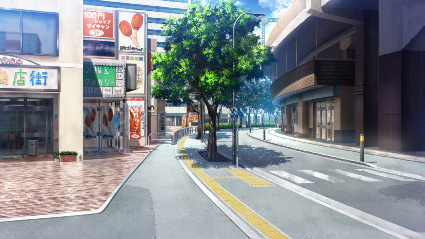 ad banner blue_sky brick building city cloud crosswalk day film_grain game_cg izumi_tsubasu lamppost no_humans non-web_source official_art outdoors plant potted_plant re:stage! road scenery sky storefront street tree