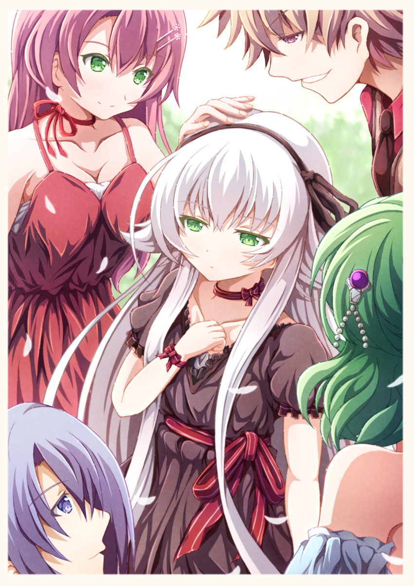 2boys 3girls altina_orion ash_carbide bare_shoulders binzume_suika blue_hair brown_eyes brown_hair choker double-parted_bangs dress eiyuu_densetsu green_eyes green_hair hair_between_eyes hair_ornament headpat highres jewelry juna_crawford kurt_vander long_hair multiple_boys multiple_girls musse_egret purple_eyes sen_no_kiseki sen_no_kiseki_iv short_hair sidelocks white_hair wristband