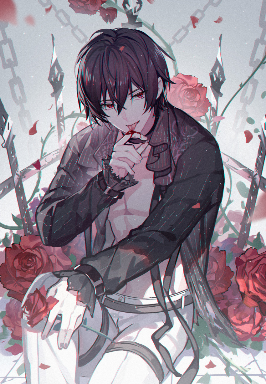 1boy :p absurdres ayn_(for_all_time) belt black_belt black_hair black_nails black_ribbon black_shirt blood blood_on_hands chain crack cracked_floor falling_petals fangs feet_out_of_frame fence flower for_all_time frilled_shirt frilled_sleeves frills grey_background hair_between_eyes highres holding holding_flower kazenemuri knee_up leaf licking licking_finger light_particles long_sleeves looking_at_viewer male_focus nail_polish official_alternate_costume on_floor open_clothes open_shirt pants pectoral_cleavage pectorals petals pinstripe_pattern pinstripe_shirt red_eyes red_flower red_rose ribbon rose shirt short_hair sitting solo striped thigh_strap tile_floor tiles tongue tongue_out vampire white_pants wrist_belt