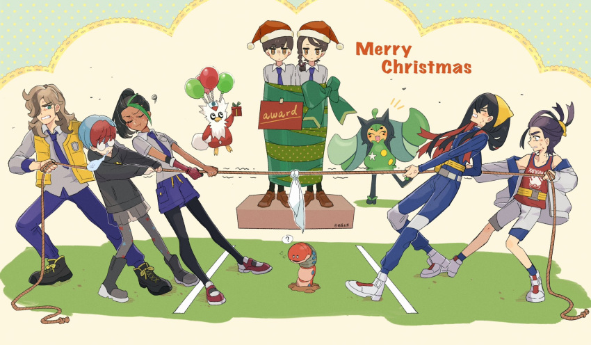 3boys 4girls ? arven_(pokemon) black_hair black_pantyhose blue_hair blue_jacket blue_pants boots braid brown_eyes brown_hair carmine_(pokemon) christmas clenched_teeth collared_shirt dark-skinned_female dark_skin delibird florian_(pokemon) giving_up_the_ghost glasses gloves green_eyes green_hair hairband hat highres hood hoodie jacket juliana_(pokemon) kieran_(pokemon) long_hair long_sleeves merry_christmas mixed-language_commentary multicolored_hair multiple_boys multiple_girls nai_gai_hongcha necktie nemona_(pokemon) off_shoulder ogerpon open_clothes open_vest orthworm pants pantyhose penny_(pokemon) pokemon pokemon_(creature) pokemon_sv ponytail purple_necktie purple_pants purple_shorts red_hair red_headwear red_shirt rope round_eyewear santa_hat see-through see-through_skirt shirt shoes short_sleeves shorts single_glove skirt sleeveless sleeveless_shirt squiggle standing teeth tug_of_war two-tone_hair vest yellow_hairband yellow_vest