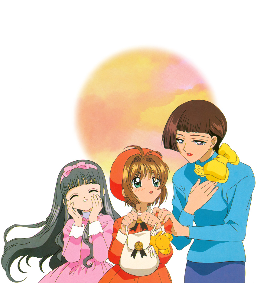 3girls absurdres bag blush brown_hair cardcaptor_sakura child closed_eyes daidouji_sonomi daidouji_tomoyo friends highres kero kinomoto_sakura mother_and_daughter multiple_girls orange_headwear short_hair teeth