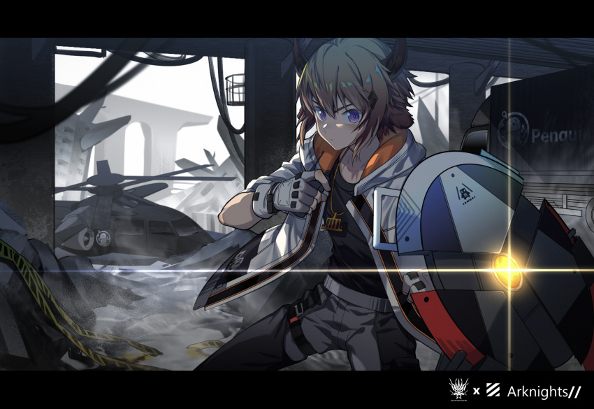 1boy aircraft animal_ears arknights bison_(arknights) black_shirt blonde_hair colored_tips copyright_name cow_boy cow_ears cow_horns fingerless_gloves gloves helicopter highres holding holding_shield holding_walkie-talkie hood hooded_jacket horns jacket jewelry looking_at_viewer male_focus multicolored_hair necklace purple_eyes rubble shield shirt sora_(zwz030) walkie-talkie