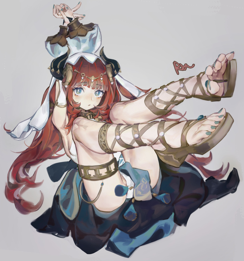 1girl absurdres aqua_nails armpits arms_up aspirine4832 black_horns blue_eyes blunt_bangs blush breasts circlet detached_sleeves dorsiflexion fake_horns feet foot_focus full_body genshin_impact gladiator_sandals gold_trim grey_background hair_ornament harem_outfit highres horns legs long_hair long_sleeves medium_breasts nail_polish nilou_(genshin_impact) open_mouth partially_visible_vulva puffy_long_sleeves puffy_sleeves red_hair sandals sidelocks signature simple_background solo thighlet toenail_polish toenails toes veil white_veil