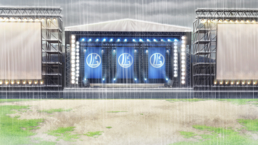 building cloud cloudy_sky dirt fence film_grain game_cg grass izumi_tsubasu light_bulb no_humans non-web_source official_art outdoors rain re:stage! scenery screen sky speaker stage stage_lights