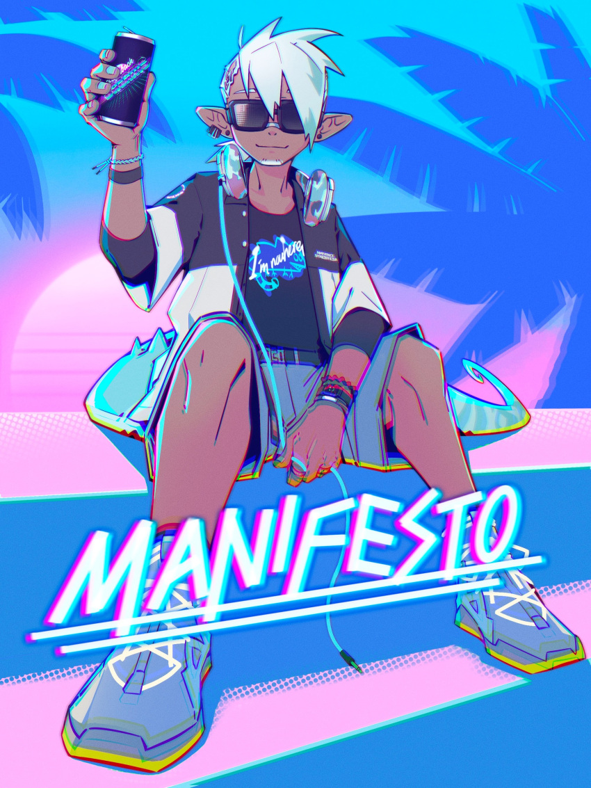 1boy absurdres arknights audio_jack chameleon_boy chameleon_tail emit_azure english_commentary english_text ethan_(arknights) goatee_stubble headphones headphones_around_neck highres looking_at_viewer male_focus palm_tree pointy_ears smile sunglasses sunset tail tree vaporwave