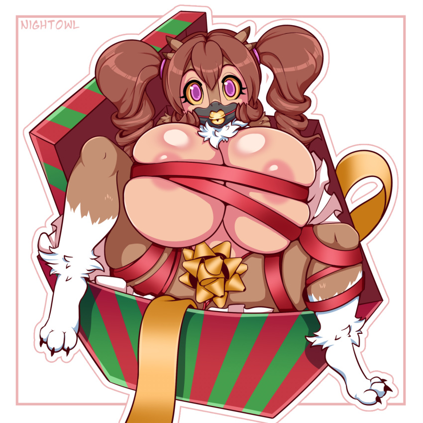 anthro avian ball_gag beak big_breasts bird breasts brown_hair christmas christmas_present female gag gift hair hands_behind_back hi_res holidays huge_breasts nightowlartx owl pigtails ribbons solo