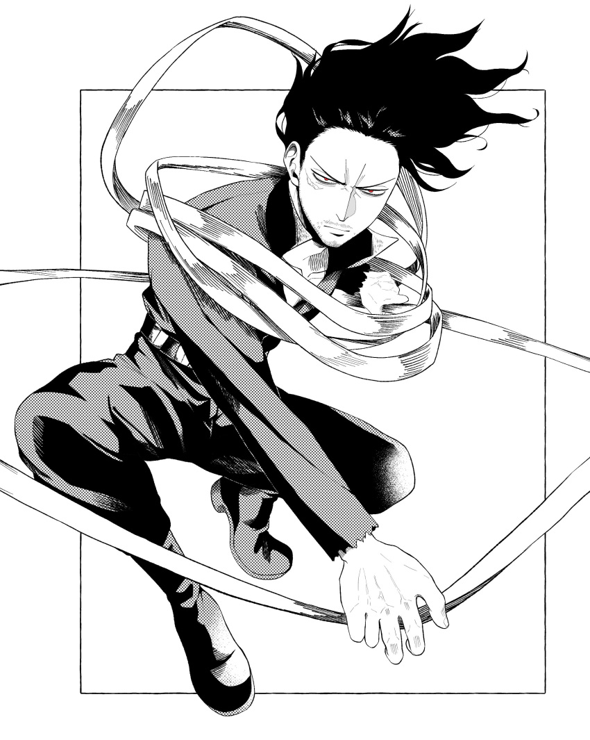 1boy 2elu2 absurdres bags_under_eyes belt black_hair boku_no_hero_academia boots closed_mouth collarbone collared_jumpsuit eraser_head_(boku_no_hero_academia) facial_hair goatee greyscale highres jumpsuit large_hands long_hair long_scarf long_sleeves looking_ahead male_focus monochrome mustache red_eyes scar scar_on_face scarf scarf_grab solo spot_color