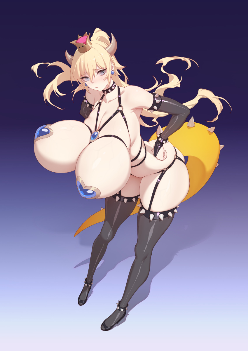 1girl absurdres armlet bare_shoulders black_footwear black_thighhighs blonde_hair blue_eyes bondage_outfit bowsette bracelet breasts chest_harness closed_mouth collar crown earrings elbow_gloves gloves hands_on_own_hips harness heart_pasties highres horns huge_breasts jewelry leaning_forward leather long_hair mario_(series) new_super_mario_bros._u_deluxe o-ring o-ring_harness pasties ponytail rekaerb_maerd solo spiked_armlet spiked_bracelet spiked_collar spiked_tail spiked_thighlet spikes standing super_crown tail thighhighs