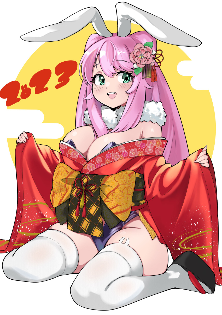 1girl 2023 absurdres blue_eyes blush breasts chinese_zodiac double_bun fur_collar hair_bun hair_ornament highres hiromusan japanese_clothes kanzashi kimono large_breasts leotard leotard_under_clothes long_hair long_sleeves looking_to_the_side new_year off_shoulder okobo open_mouth original pinching_sleeves pink_hair playboy_bunny sandals sitting smile solo strapless strapless_leotard thighhighs two_side_up very_long_hair wariza wide_sleeves year_of_the_rabbit