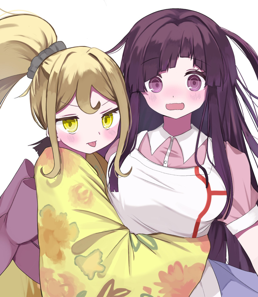 2girls apron black_hair blonde_hair blush bow breasts collared_shirt d: danganronpa_(series) danganronpa_2:_goodbye_despair floral_print highres hug japanese_clothes kimono large_bow large_breasts long_hair multiple_girls open_mouth pink_bow pink_shirt ponytail puffy_short_sleeves puffy_sleeves purple_eyes purple_hair ringo_ame_no_ria saionji_hiyoko shirt short_sleeves simple_background tongue tongue_out tsumiki_mikan upper_body white_apron white_background white_shirt wide_sleeves yellow_eyes yellow_kimono