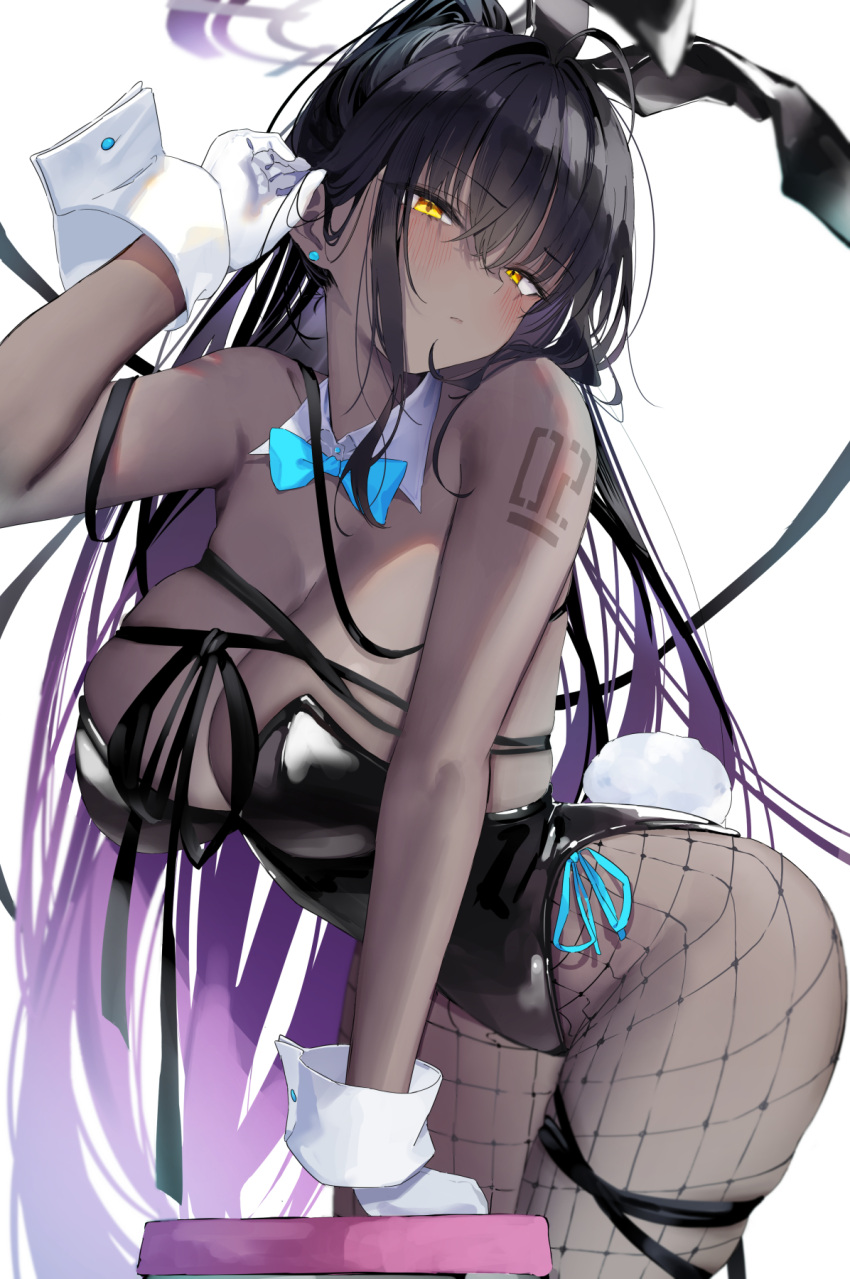 1girl animal_ears aqua_bow aqua_bowtie arm_support arm_tattoo black_hair black_leotard blue_archive blush bow bowtie breasts cleavage dark-skinned_female dark_skin detached_collar earrings feet_out_of_frame fishnet_pantyhose fishnets gloves groin gyoku_seisyoku hair_tucking halo highres jewelry karin_(blue_archive) karin_(bunny)_(blue_archive) large_breasts leaning_forward leotard looking_at_viewer multicolored_hair number_tattoo official_alternate_costume pantyhose playboy_bunny ponytail purple_hair rabbit_ears rabbit_tail simple_background solo strapless strapless_leotard stud_earrings tail tattoo two-tone_hair white_background white_gloves wrist_cuffs yellow_eyes