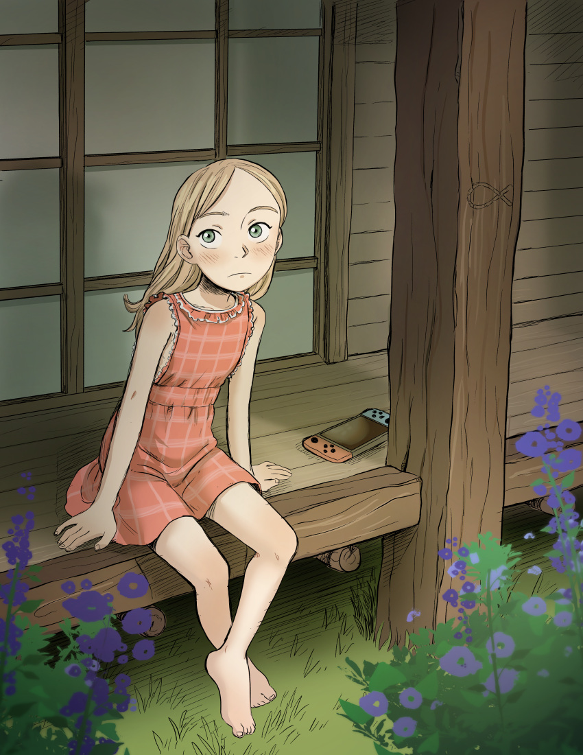 1girl absurdres averting_eyes bare_arms bare_shoulders barefoot blonde_hair blush closed_mouth commentary crossed_ankles dress english_commentary expressionless flower grass grey_eyes handheld_game_console highres nintendo_switch original pokoro red_dress shouji sideways_glance sitting sleeveless sleeveless_dress sliding_doors solo traditional_media veranda wooden_floor