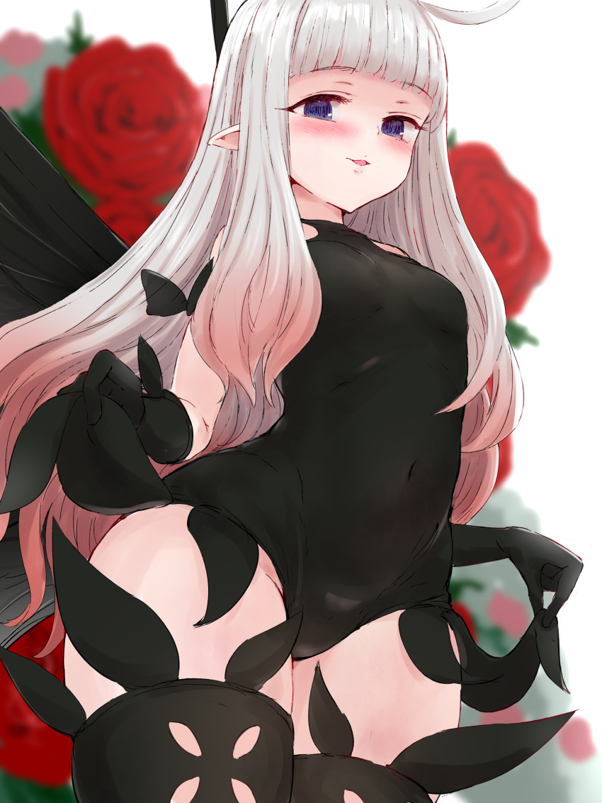 1girl absurdres anne_(bravely_second) antenna_hair black_gloves black_leotard black_thighhighs blue_eyes blush bravely_default_(series) bravely_second:_end_layer breasts butterfly_wings commission commissioner_upload covered_navel fairy fairy_wings flower gloves groin gulp5959 highres insect_wings leotard long_hair looking_at_viewer pointy_ears rose skeb_commission small_breasts smile solo thighhighs thighs white_hair wings