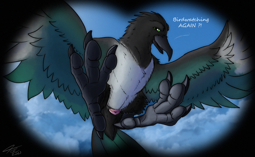 2023 4_toes ambiguous_gender animal_genitalia anisodactyl avian avian_butt avian_feet beak binoculars bird black_body black_feathers butt claws cloaca cloud corvid dialogue digital_media_(artwork) english_text eurasian_magpie feathered_wings feathers feet feral flying fol foot_focus genitals green_eyes hi_res holarctic_magpie looking_at_viewer magpie_(corvid) male_(lore) open_mouth oscine outside passerine pink_cloaca presenting simple_background sky smile soles solo tail talking_to_viewer talons text toe_claws toes white_body white_feathers wings