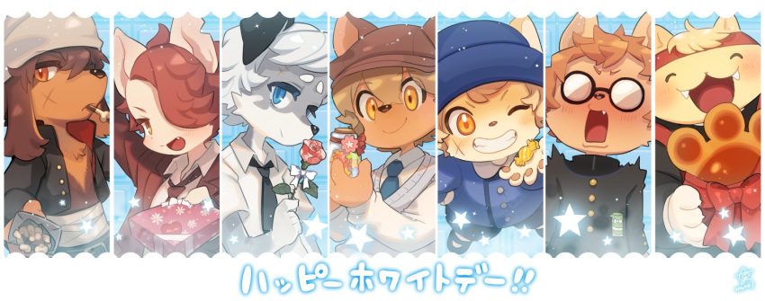 6+boys animal_ears blush boron_brioche britz_strudel cat_boy cat_ears commentary_request dog_boy dog_ears fangs flower food furry furry_male gift glasses hack_montblanc happy_white_day higashi_cc2 holding holding_flower holding_food holding_gift jin_macchiato kyle_bavarois little_tail_bronx looking_at_viewer male_focus malt_marzipan multiple_boys open_mouth senjou_no_fuuga smile socks_million star_(symbol) translated white_day