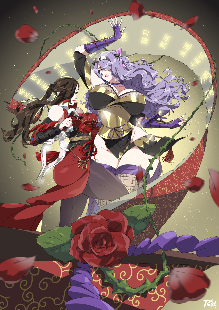 2girls absurdres arm_up artist_logo artist_name bare_shoulders black_pantyhose breasts brown_hair camilla_(fire_emblem) camilla_(ninja)_(fire_emblem) choker closed_mouth collarbone detached_sleeves eyelashes fingerless_gloves fire_emblem fire_emblem_heroes fishnet_thighhighs fishnets flower gloves gold_trim gradient_background hair_ornament hair_over_one_eye highleg highres huge_breasts japanese_clothes kagero_(fire_emblem) katana kimono large_breasts long_hair looking_at_viewer multiple_girls ninja obi one_eye_covered pantyhose parted_lips pelvic_curtain purple_choker purple_gloves purple_hair r3dfive red_flower red_kimono sash scroll sheath sheathed sleeveless sleeveless_kimono sword thick_thighs thighhighs thighs weapon