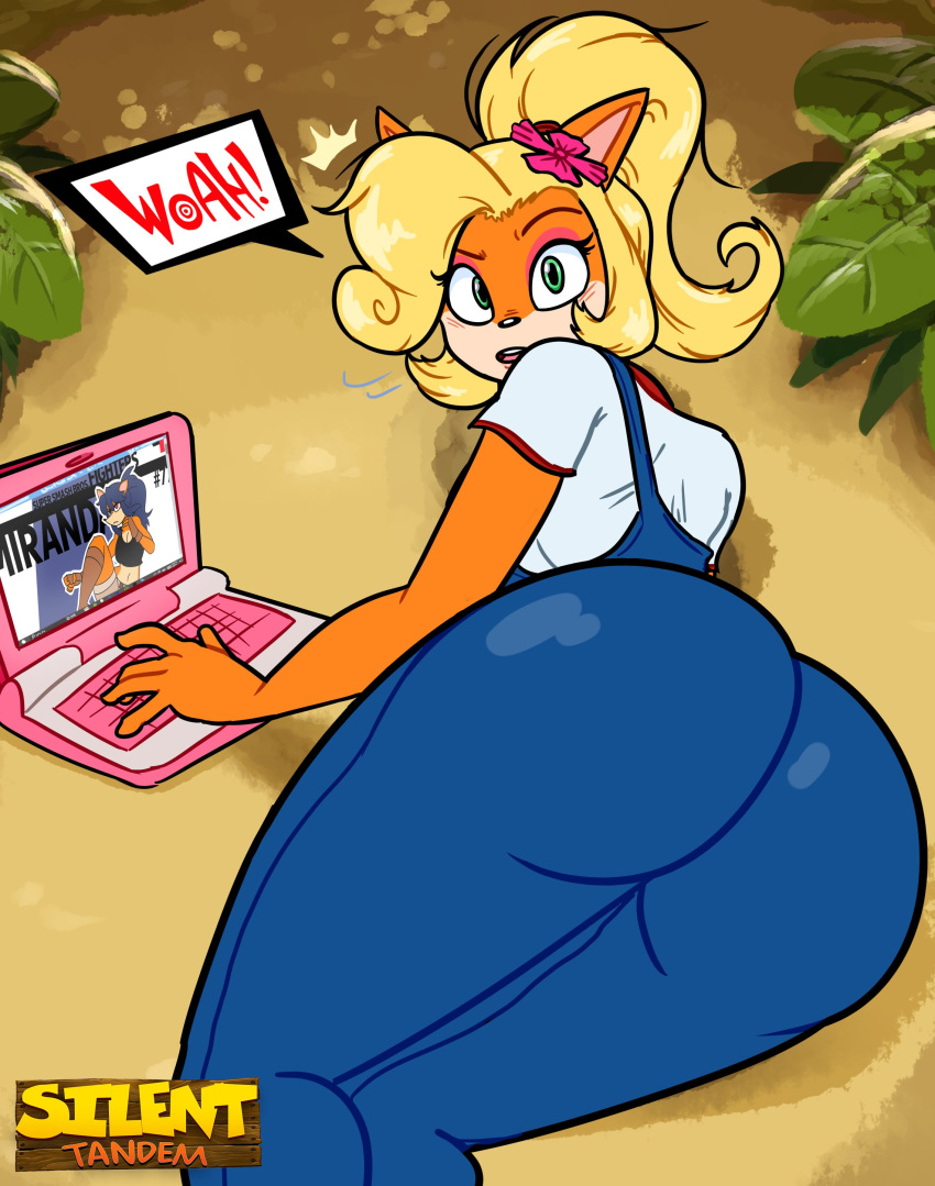 absurd_res accessory activision anthro bandicoot big_butt blue_overalls butt clothing coco_bandicoot computer crash_bandicoot_(series) dialogue electronics eyelashes eyeshadow female flower flower_in_hair fur green_eyes hair hair_accessory hi_res laptop looking_at_viewer lying makeup mammal marsupial on_side open_mouth orange_body orange_fur pink_eyeshadow plant ponytail rear_view silenttandem solo speech_bubble tan_body tan_fur text thick_thighs topwear white_clothing white_topwear wide_hips