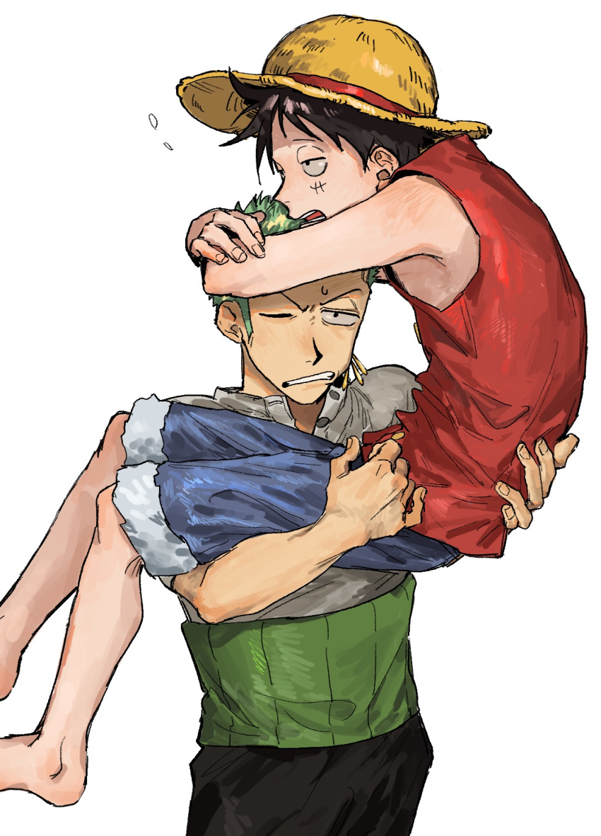 2boys black_eyes black_hair carrying carrying_person clinging green_hair hands_on_another's_head haramaki hat highres male_focus monkey_d._luffy multiple_boys nsozp one_armed_carry one_eye_closed one_piece roronoa_zoro scar scar_on_cheek scar_on_face short_hair sideburns simple_background straw_hat upper_body white_background