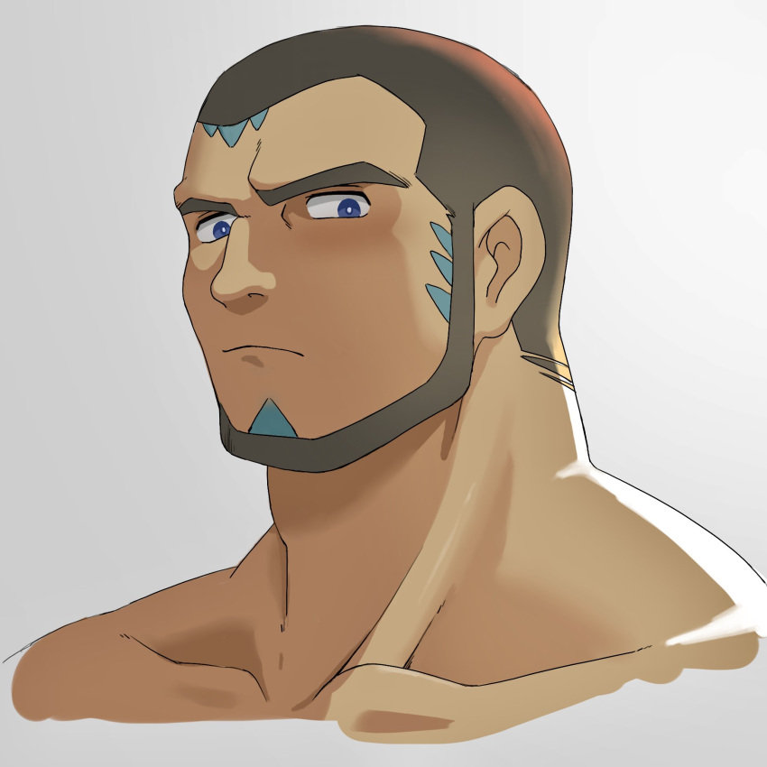 1boy bara beard blush buzz_cut collarbone cropped_head cropped_shoulders dark-skinned_male dark_skin dounoo facial_hair full_beard highres looking_at_viewer male_focus matt_(pokemon) nude pokemon pokemon_oras short_hair solo thick_eyebrows very_short_hair