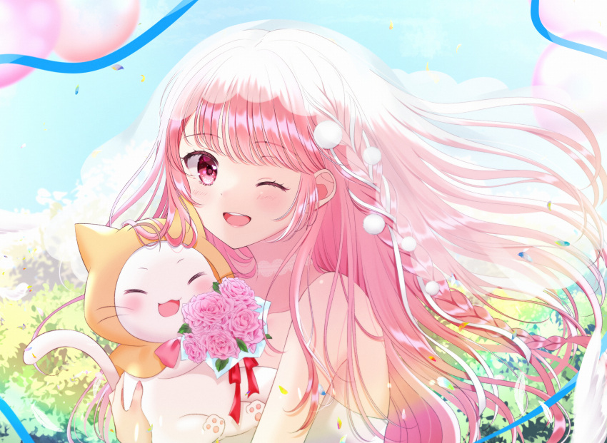 1girl absurdres animal balloon blush bouquet braid cat day flower highres holding holding_animal long_hair looking_at_viewer nikki_(miracle_nikki) one_eye_closed open_mouth outdoors pink_eyes pink_hair ribbon ribbon_braid rooibos rose shining_nikki sky solo strapless veil very_long_hair